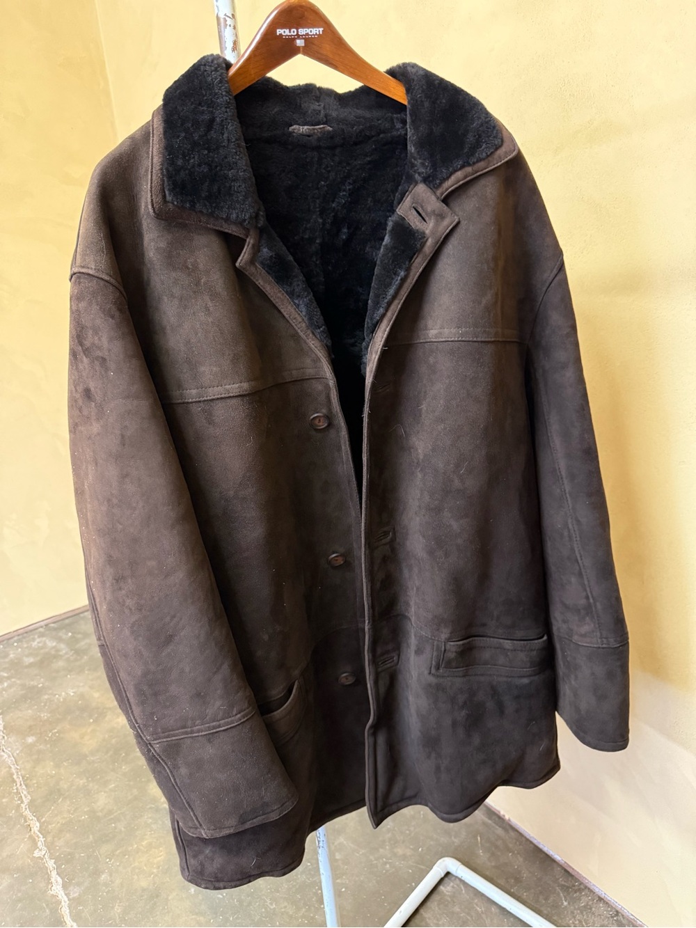 Sawyer of Napa Suede Shearling-Lined Men's Coat - Brown